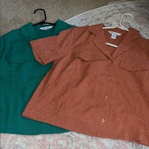 Athleta Textured Short-Sleeve Button Front Top in Teal Green and Rust